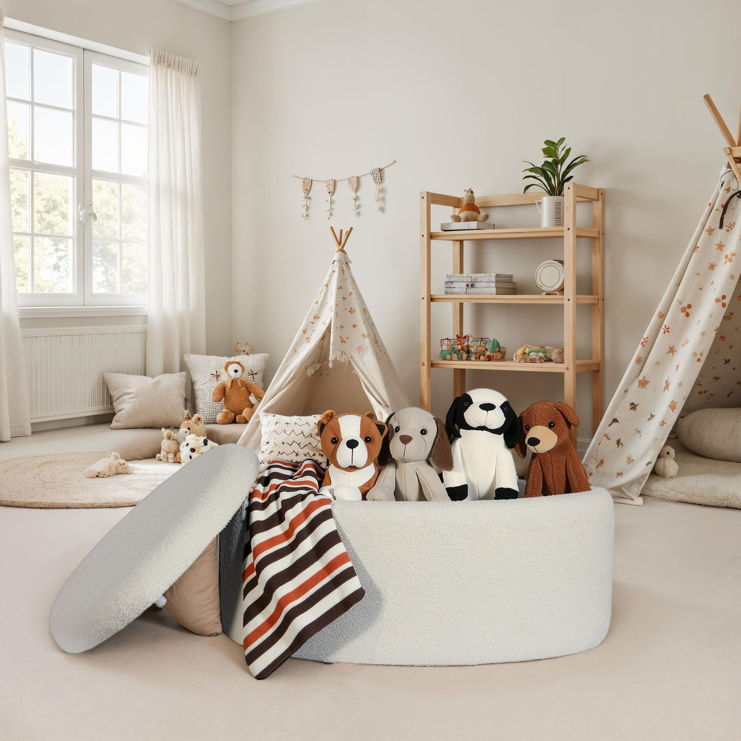 Oval stofpuf med opbevaring, 81 cm, aftageligt låg, moderne cremefarvet polstret puf, polstret opbevaringspuf til stue, soveværelse, entre