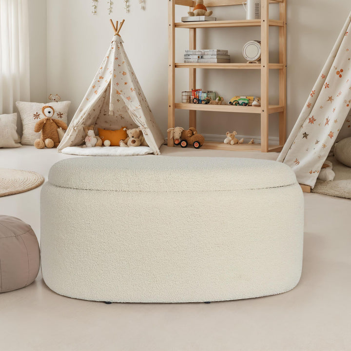 Oval stofpuf med opbevaring, 81 cm, aftageligt låg, moderne cremefarvet polstret puf, polstret opbevaringspuf til stue, soveværelse, entre