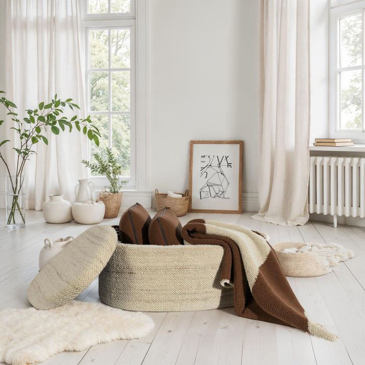 Oval uld puf med opbevaring, 81 cm, aftageligt låg, moderne brun stofbetrukket puf, polstret opbevaringspuf til stue, soveværelse, entre