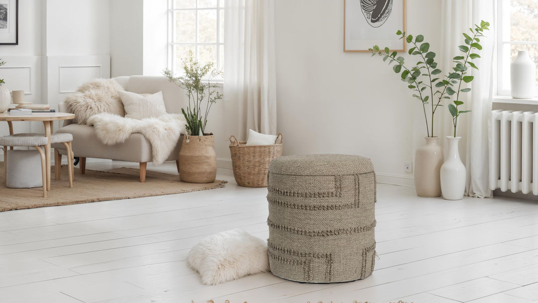 Rund uldpuf med opbevaring, Ø 40 x 45 cm, brun, med opbevaringsplads, aftageligt låg, sidebord og polstret puf til stue, soveværelse, entré i moderne boheme-design.