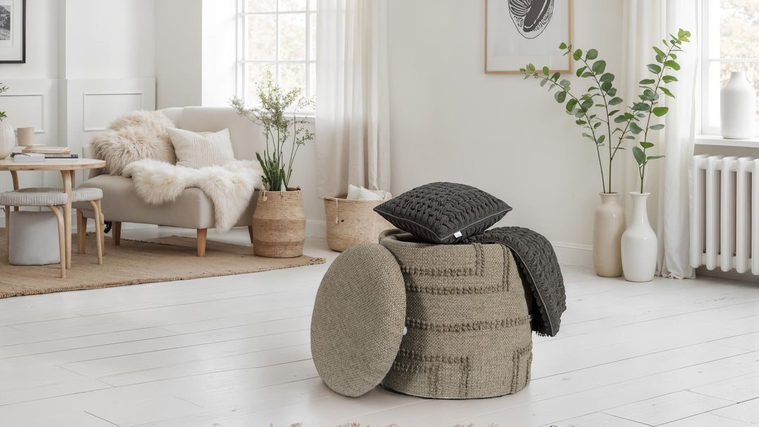 Rund uldpuf med opbevaring, Ø 40 x 45 cm, brun, med opbevaringsplads, aftageligt låg, sidebord og polstret puf til stue, soveværelse, entré i moderne boheme-design.