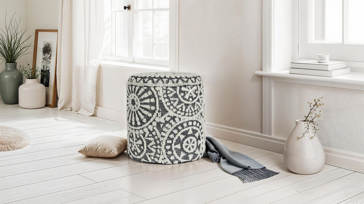 Rund uldpuf med opbevaring, Ø 40 x 45 cm, gråcreme, med opbevaringsplads, aftageligt låg, boho-stil fodskammel, opbevaringspuf til stue, soveværelse, entre