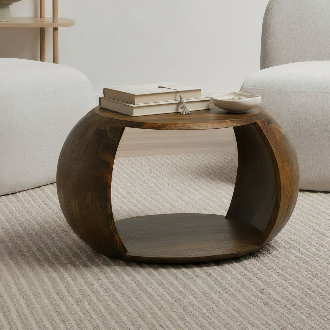 Rundt Sofabord 60 cm i Massivt Mangotræ – Håndlavet Designbord med Hylde
