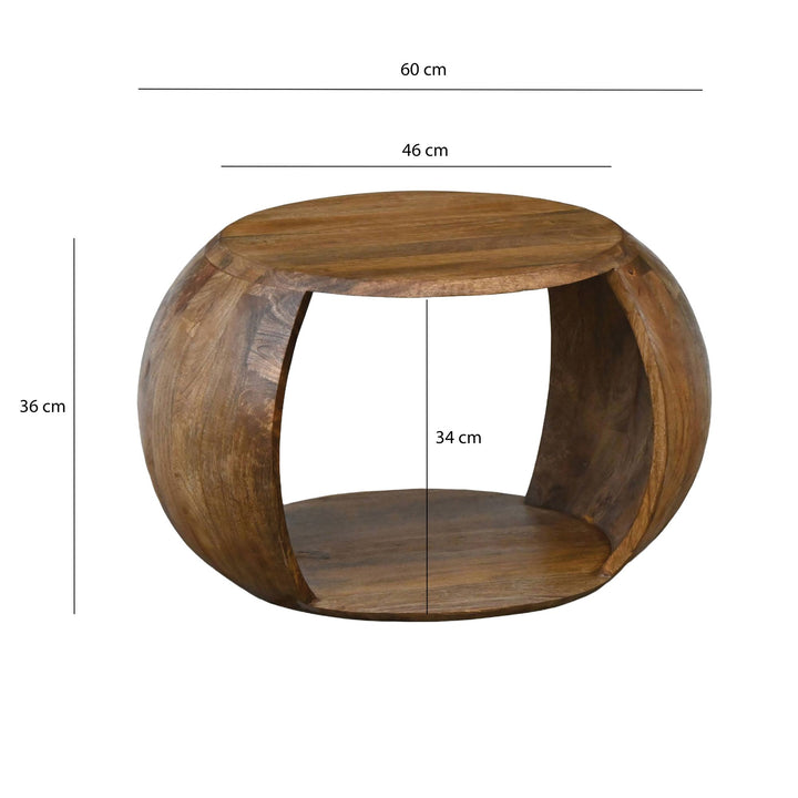 Rundt Sofabord 60 cm i Massivt Mangotræ – Håndlavet Designbord med Hylde