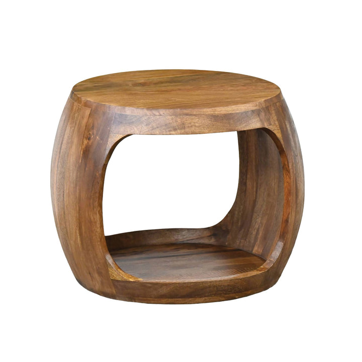 Rundt Sidebord 50 cm i Massivt Mangotræ – Håndlavet Designbord med Hylde