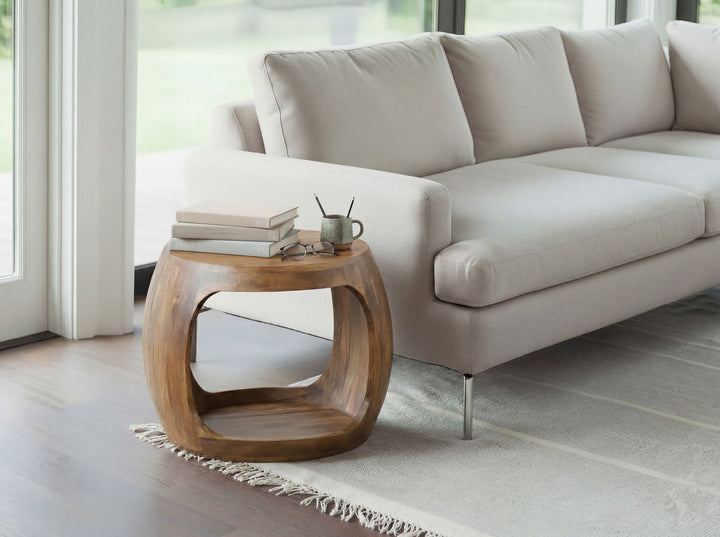 Rundt Sidebord 50 cm i Massivt Mangotræ – Håndlavet Designbord med Hylde
