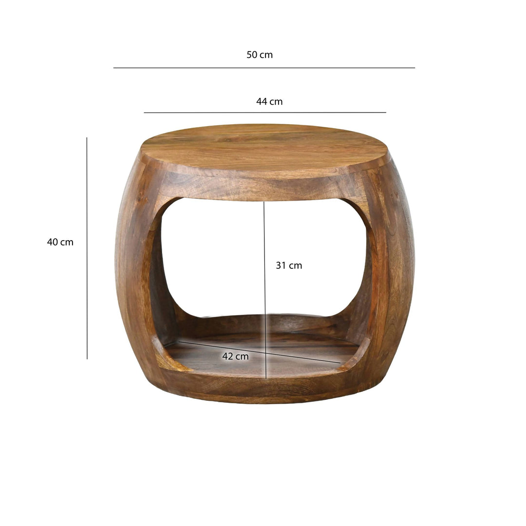 Rundt Sidebord 50 cm i Massivt Mangotræ – Håndlavet Designbord med Hylde