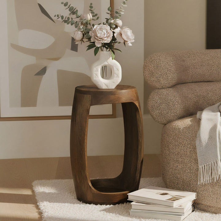 Rundt Sidebord 30 cm i Massivt Mangotræ – Håndlavet Designbord med Åben Hylde