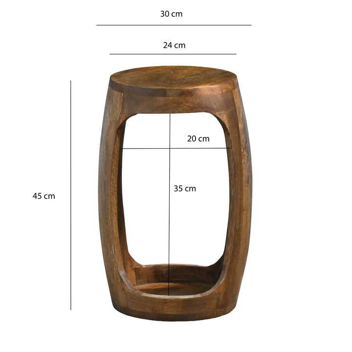 Rundt Sidebord 30 cm i Massivt Mangotræ – Håndlavet Designbord med Åben Hylde