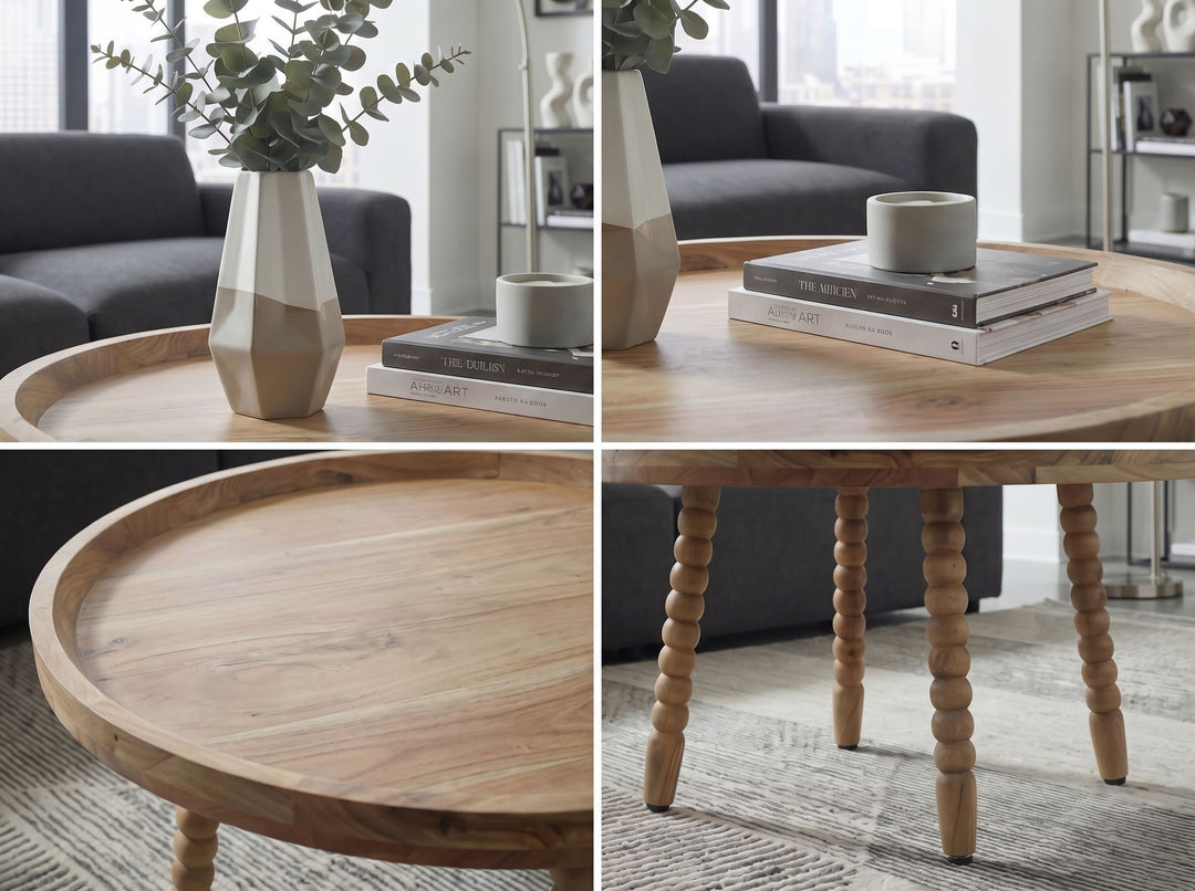 Rundt Sofabord 60 cm i Massivt Akacietræ – Designbord med Dekorative Ben