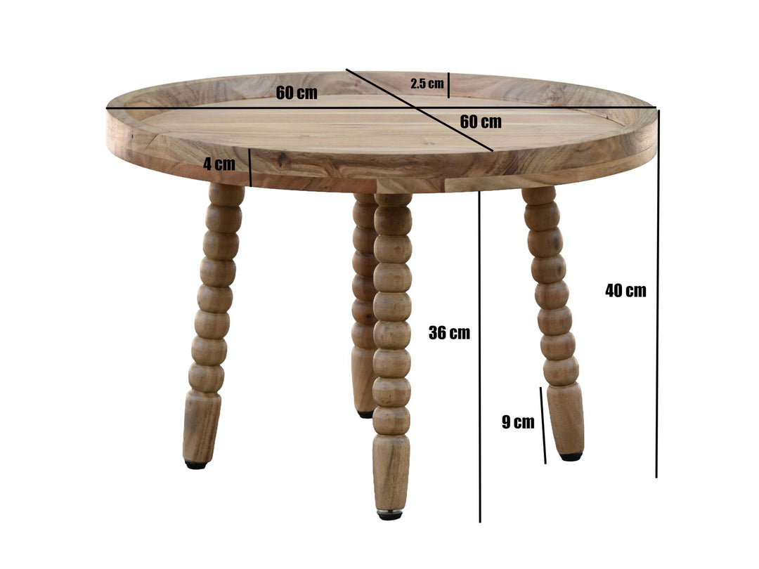 Rundt Sofabord 60 cm i Massivt Akacietræ – Designbord med Dekorative Ben