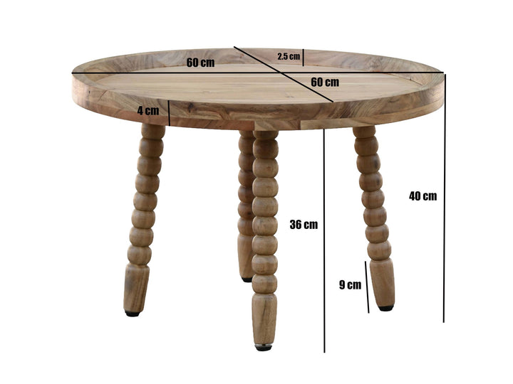 Rundt Sofabord 60 cm i Massivt Akacietræ – Designbord med Dekorative Ben