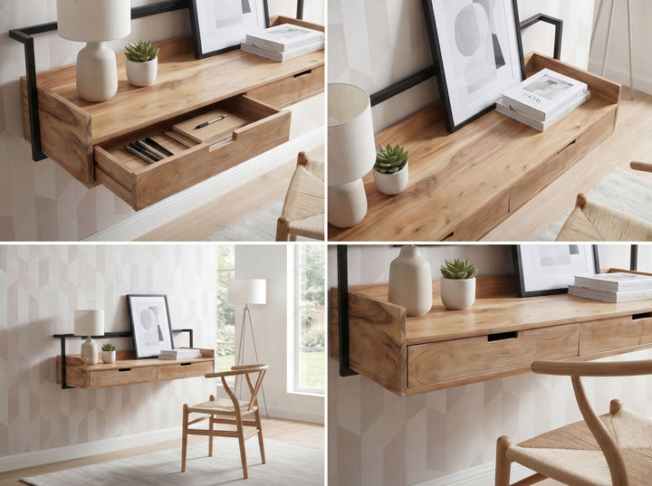 Væghængt Skrivebord 120 cm i Massivt Akacietræ – Designbord med 2 Skuffer
