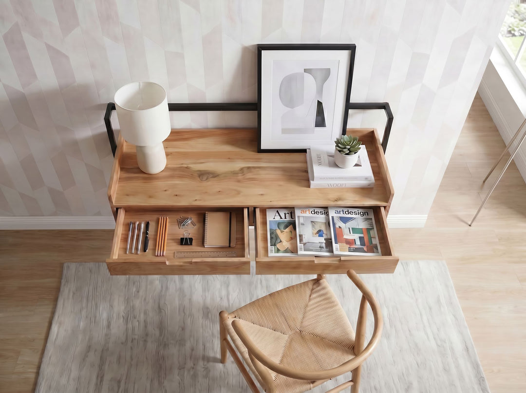 Væghængt Skrivebord 120 cm i Massivt Akacietræ – Designbord med 2 Skuffer