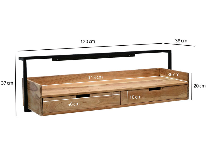 Væghængt Skrivebord 120 cm i Massivt Akacietræ – Designbord med 2 Skuffer