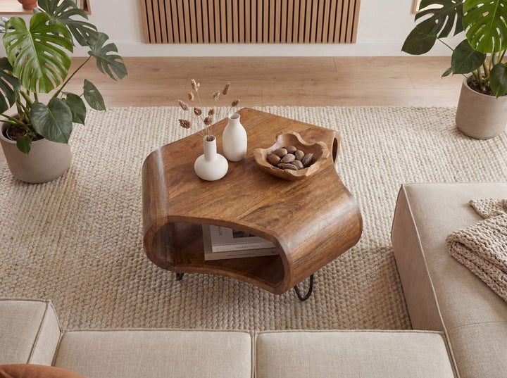 Sofabord 60 cm i Massivt Mangotræ – Organisk Designbord med Opbevaring og Metalben