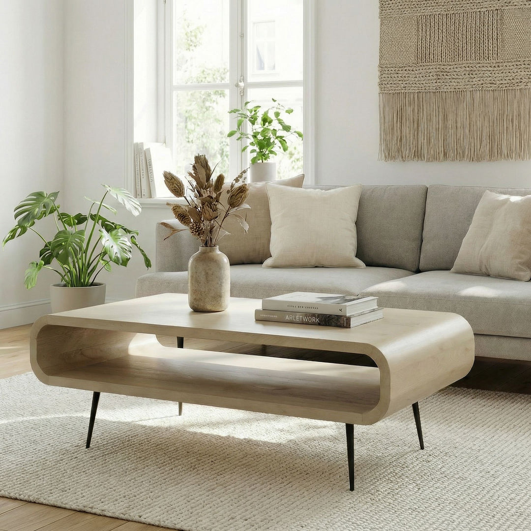 Sofabord 90 cm i Massivt Mangotræ White Wash – Rektangulært Designbord med Metalben