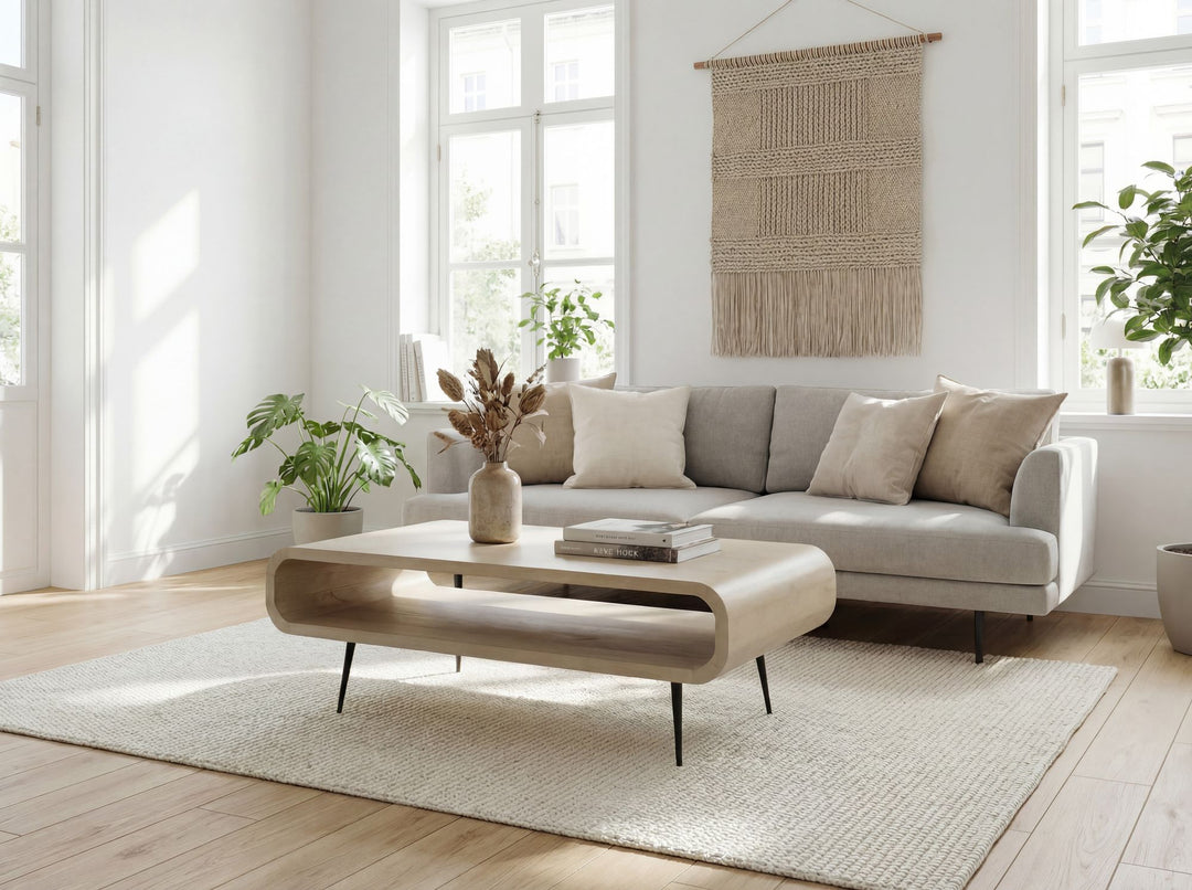 Sofabord 90 cm i Massivt Mangotræ White Wash – Rektangulært Designbord med Metalben