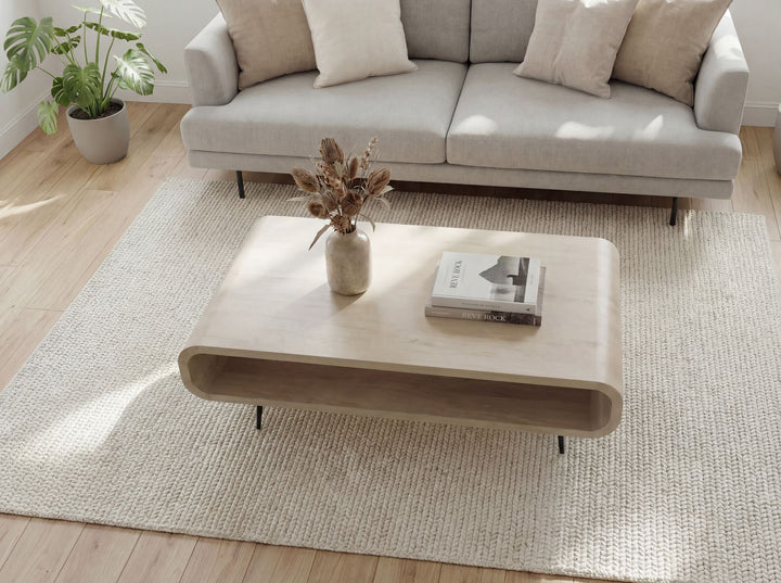 Sofabord 90 cm i Massivt Mangotræ White Wash – Rektangulært Designbord med Metalben