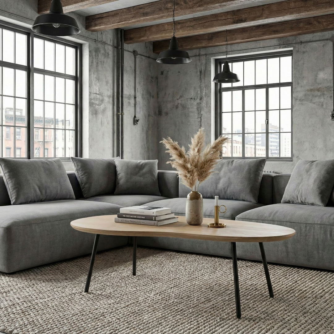 Sofabord 122 cm i Massivt Mangotræ White Wash – Nyreformet Designbord med Metalben