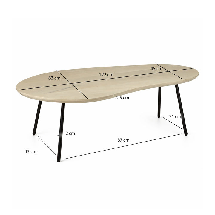 Sofabord 122 cm i Massivt Mangotræ White Wash – Nyreformet Designbord med Metalben
