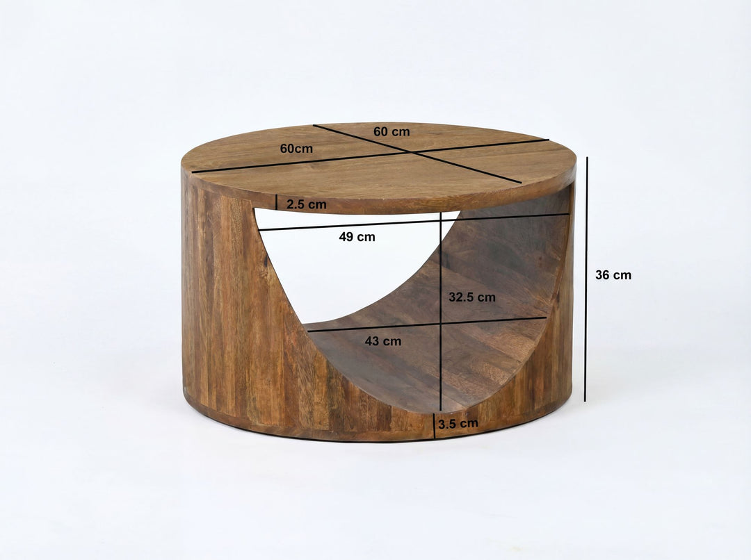 Rundt Sofabord 60 cm i Massivt Mangotræ – Cylinder Designbord med Hylde