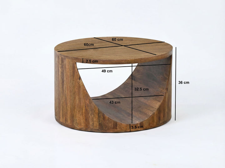 Rundt Sofabord 60 cm i Massivt Mangotræ – Cylinder Designbord med Hylde