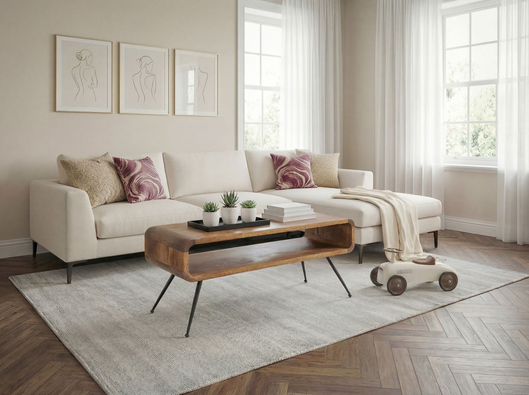Sofabord 105 cm i Massivt Mangotræ og Metal – Rektangulært Designbord med Hylde