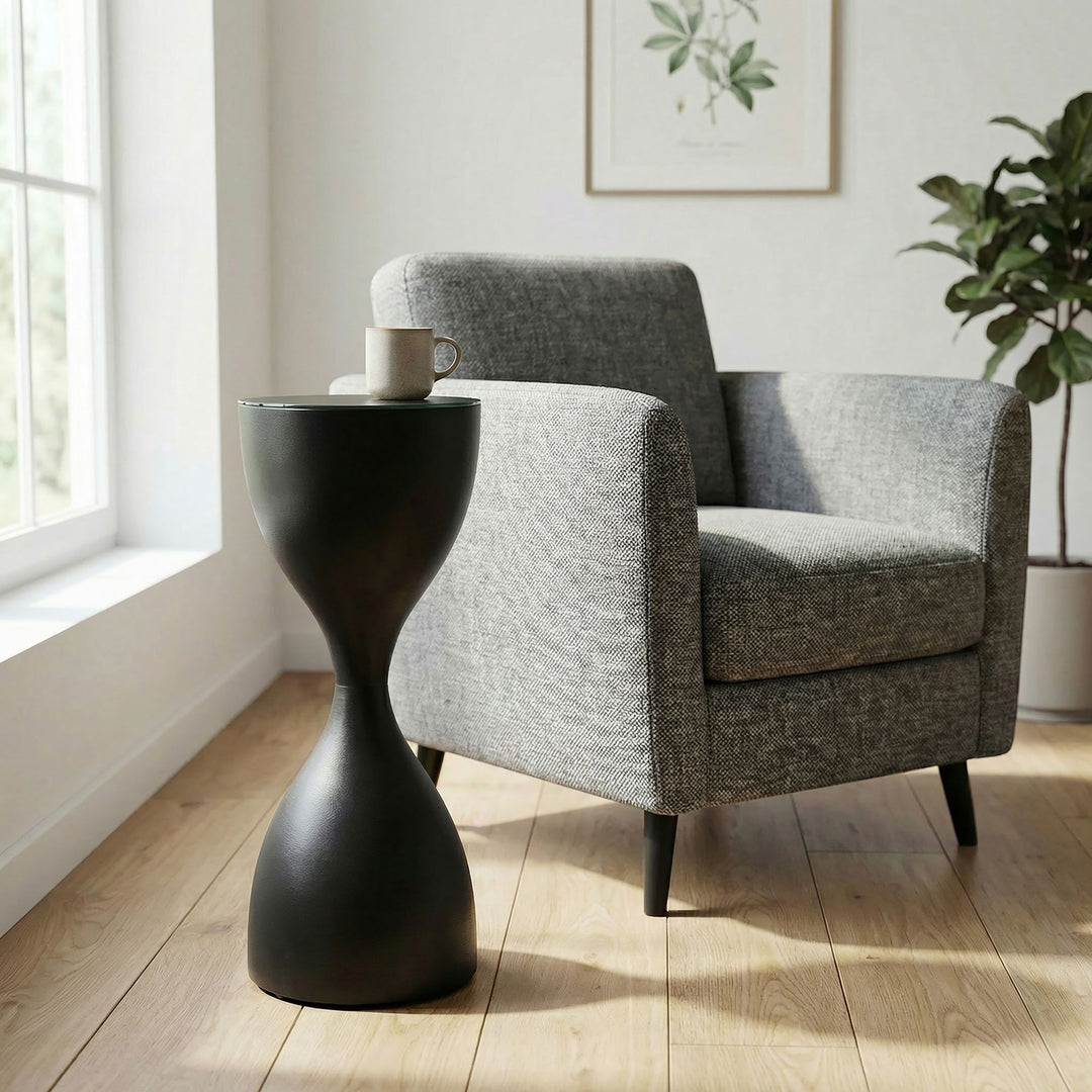 Rundt Sidebord 23 cm i Sort Metal med Glasplade – Moderne Designbord