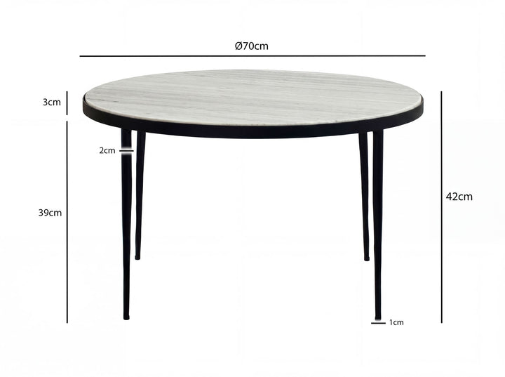 Rundt Sofabord 70 cm i Metal med Hvid Toronto Marmorbordplade – Elegant Designbord
