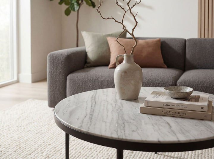 Rundt Sofabord 70 cm i Metal med Hvid Toronto Marmorbordplade – Elegant Designbord