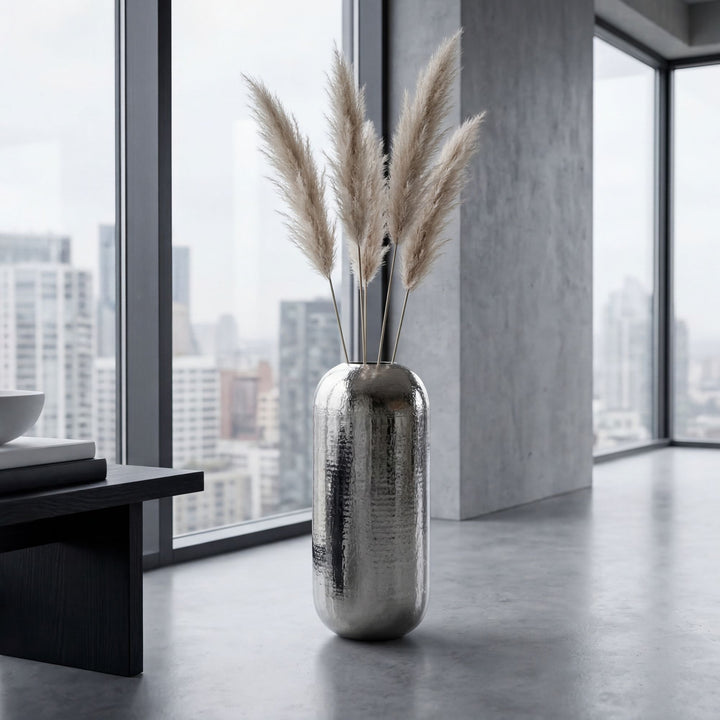 XXL Gulvvase 75 cm i Sølv Aluminium – Stor Rund Metalvase til Boligindretning