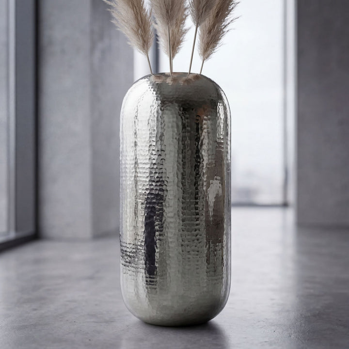 XXL Gulvvase 75 cm i Sølv Aluminium – Stor Rund Metalvase til Boligindretning