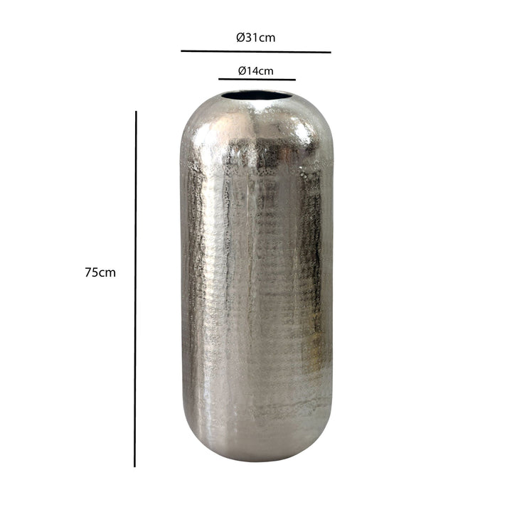 XXL Gulvvase 75 cm i Sølv Aluminium – Stor Rund Metalvase til Boligindretning