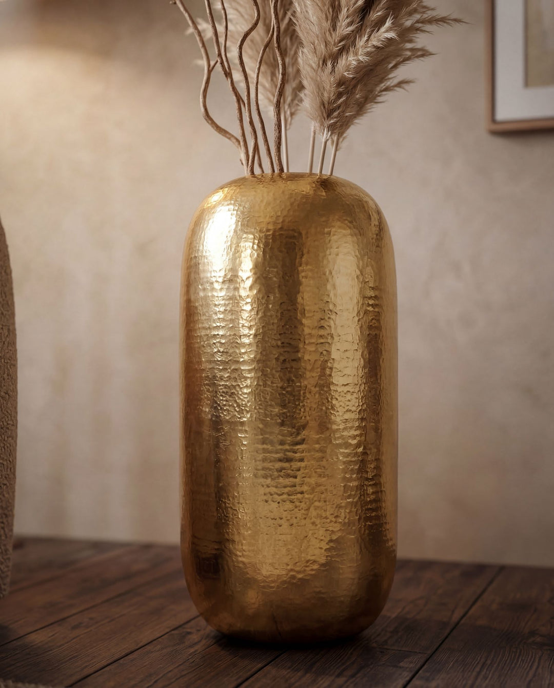 XXL Gulvvase 75 cm i Guldfarvet Aluminium – Stor Rund Metalvase til Boligindretning