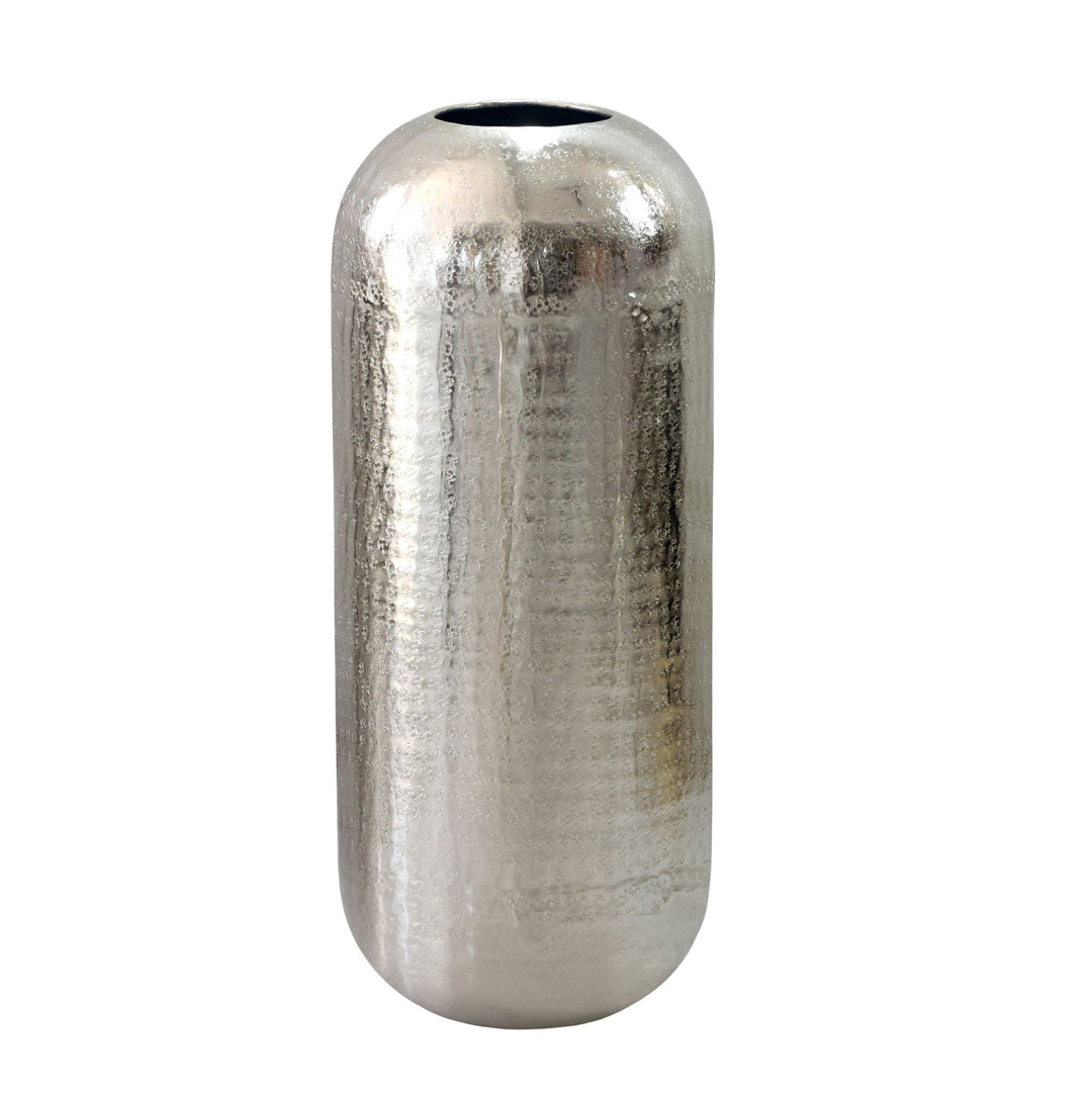 Gulvfarvet vase 60 cm i Sølv Aluminium – Stor Rund Metalvase til Boligindretning