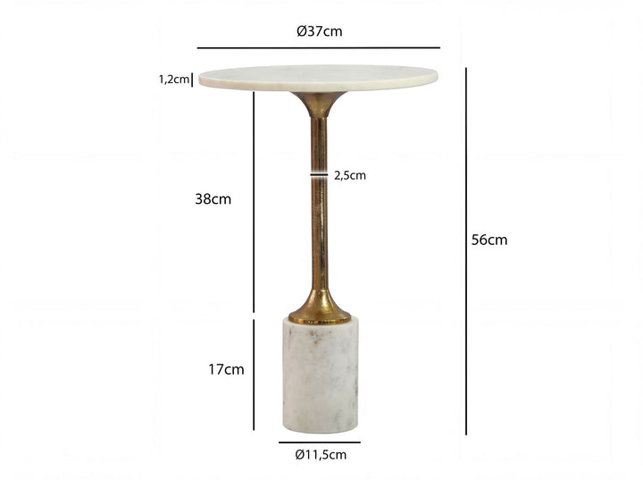Rundt Sidebord 37 cm i Metal med Hvid Marmorbordplade – Elegant Designbord