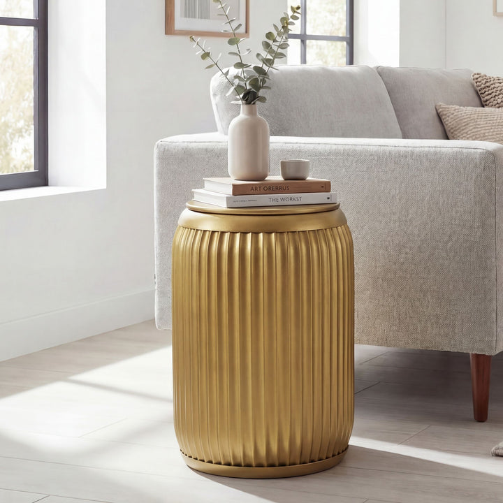 Rundt Sidebord 35 cm i Guld Metal med Aftagelig Bordplade – Designbord med Opbevaring