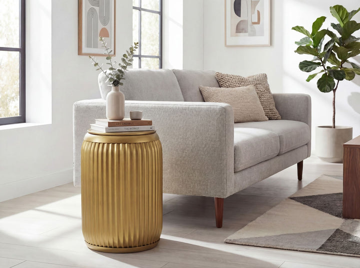 Rundt Sidebord 35 cm i Guld Metal med Aftagelig Bordplade – Designbord med Opbevaring