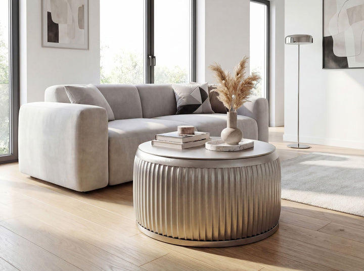 Rundt Sofabord 60 cm i Sølv Metal med Aftagelig Bordplade – Designbord med Opbevaring