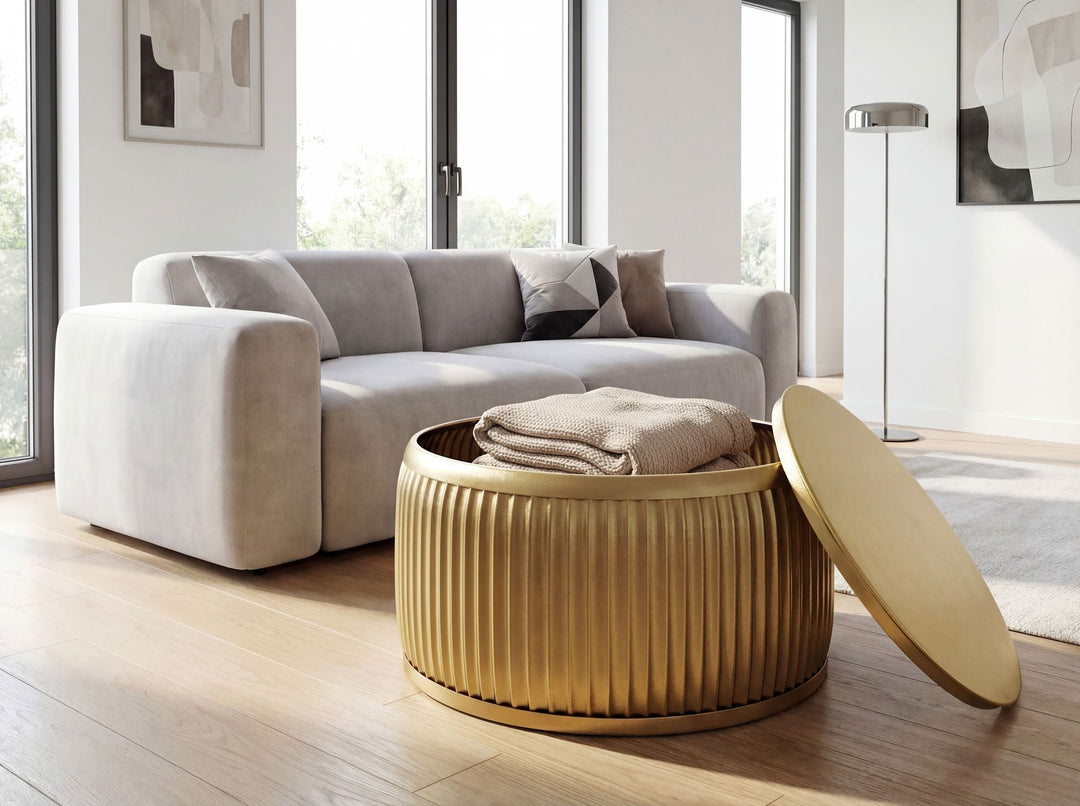 Rundt Sofabord 60 cm i Guld Metal med Aftagelig Bordplade – Designbord med Opbevaring