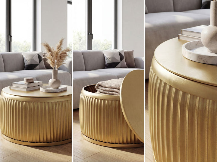 Rundt Sofabord 60 cm i Guld Metal med Aftagelig Bordplade – Designbord med Opbevaring