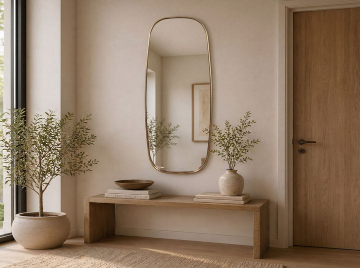 Oval Vægspejl 122x46 cm i Guld – Stort Designspejl med Metalramme