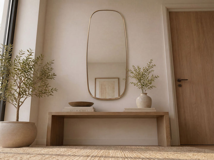 Oval Vægspejl 122x46 cm i Guld – Stort Designspejl med Metalramme