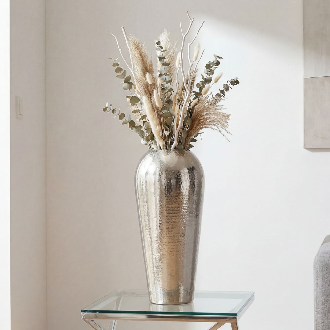Dekovase 50 cm i Sølv Aluminium – Moderne Rund Metalvase til Boligindretning