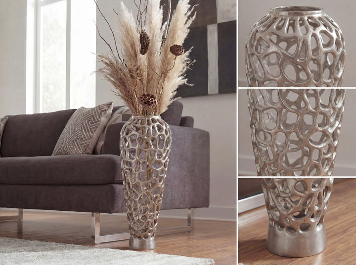 XXL Gulvvase 85 cm i Sølv Aluminium – Stor Moderne Metalvase til Tørrede Blomster