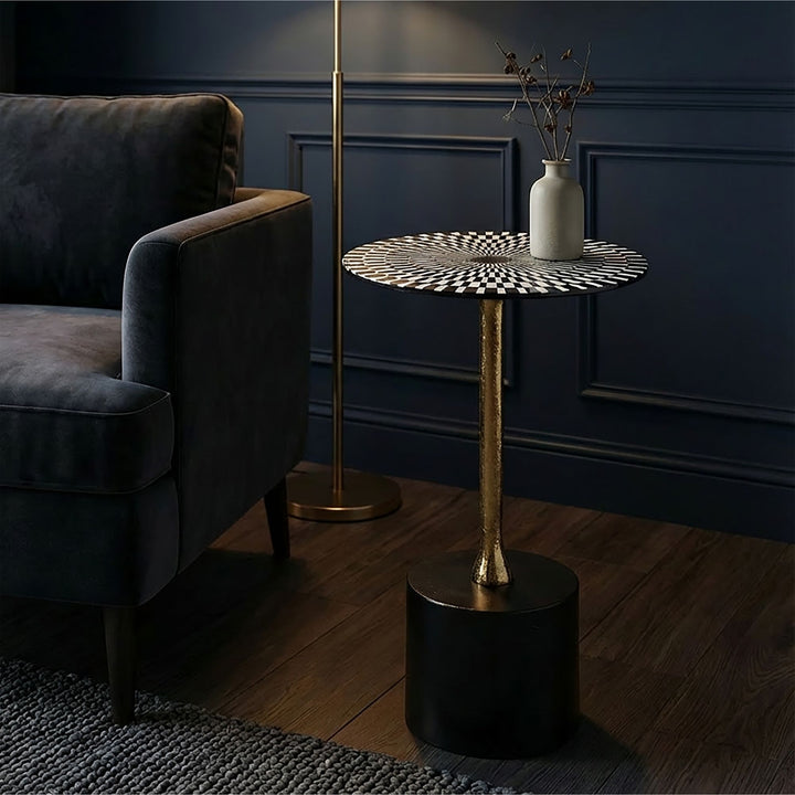 Sidebord i aluminium 49 cm med op-art mønster - lille rundt metaltillægsbord, håndlavet