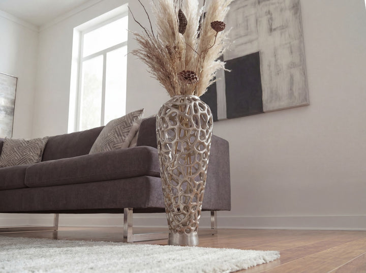 Gulvvase 60 cm i Sølv Aluminium – Stor Moderne Metalvase til Tørrede Blomster