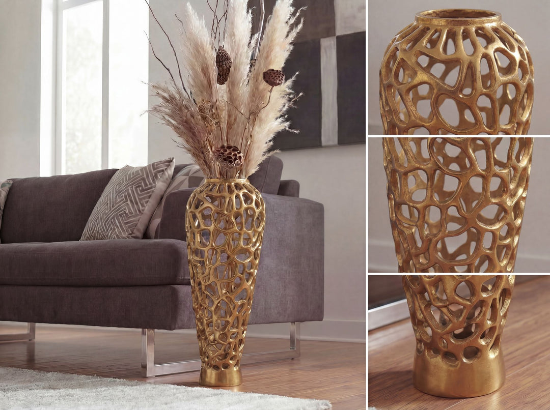 Gulvvase 60 cm i Guld Aluminium – Stor Moderne Metalvase til Tørrede Blomster