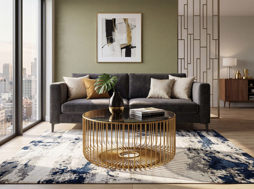 Rundt Sofabord 60 cm i Guld Metal med Glasplade – Moderne Designbord med Gitterstel
